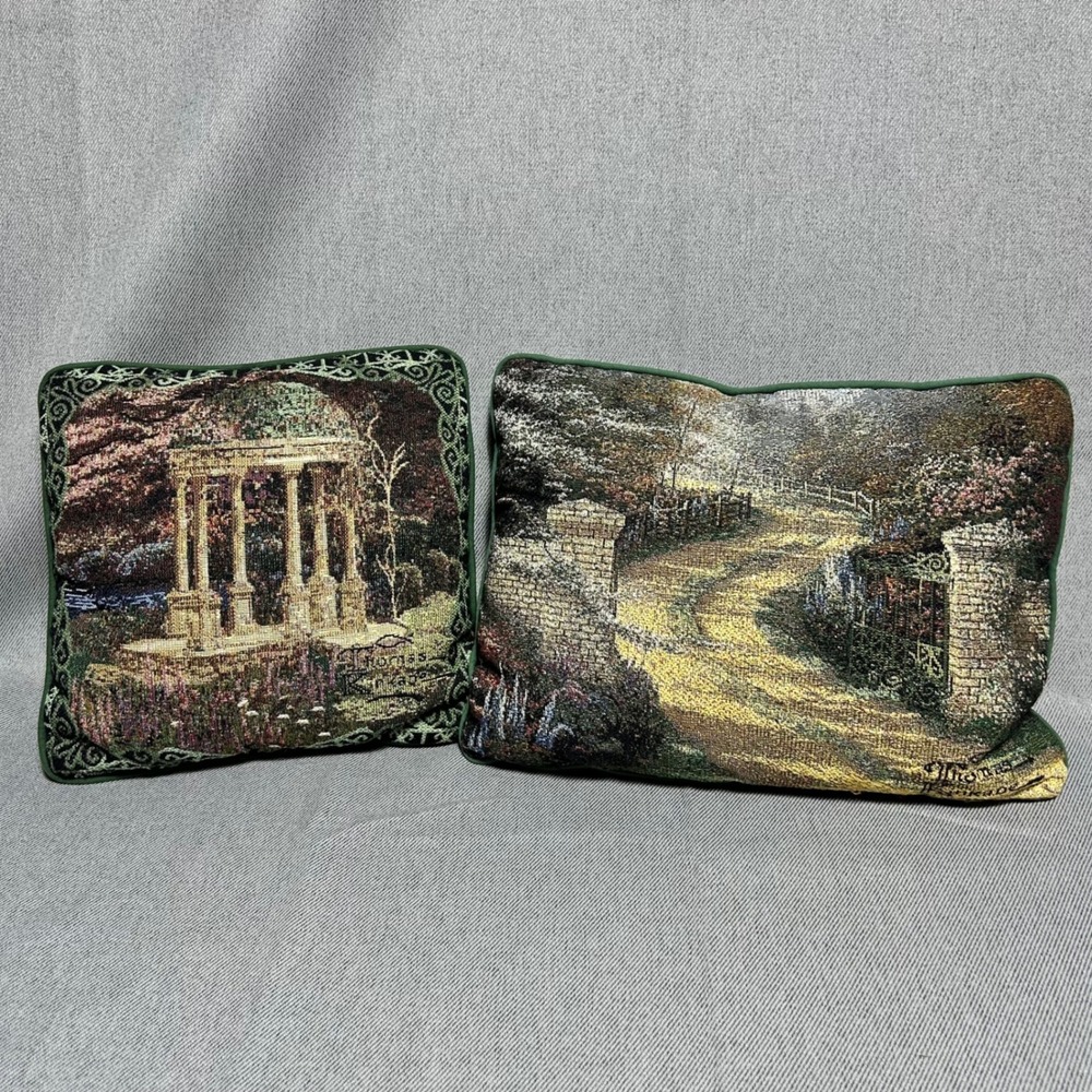 Thomas Kinkade Tapestry Accent Pillows Set of 2 Green Landscape Art